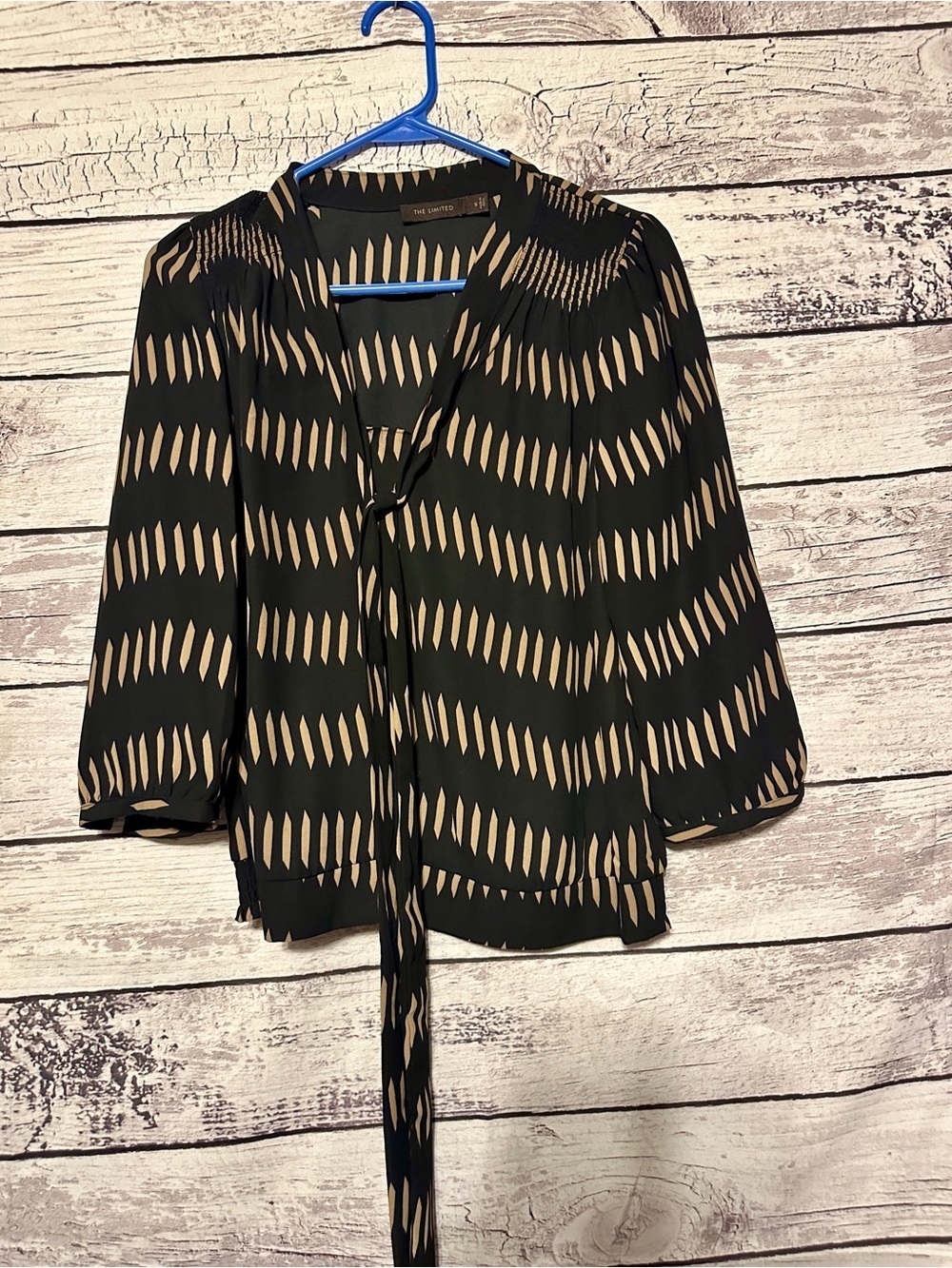 The Limited Tie Front Blouse Small Black Tan Geometric Print 3/4 Sleeve Top